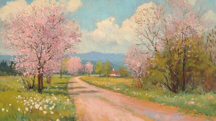 Springtime Countryside Road with Blossoming Trees