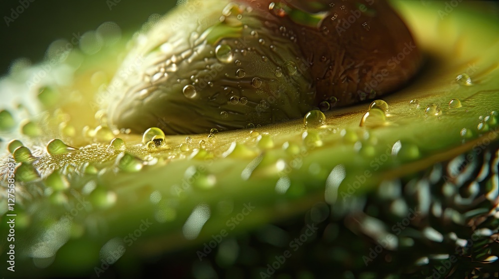 Poster close up of ripe avocado slice showcasing vibrant green hues with water droplets on smooth surface a