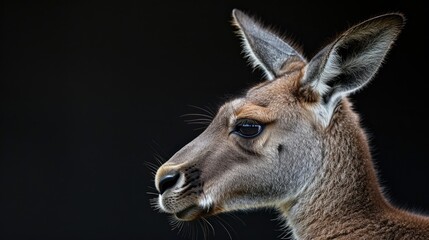 Fototapeta premium Side profile of a young kangaroo with detailed fur texture, large ears, and expressive eyes against a soft black background.