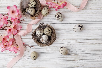 Easter decoration with quail easter eggs and spring flowers on rustic white wooden background