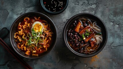 Korean black bean noodles in dark bowl with egg and scallions beside sweet and sour pork in light bowl on textured gray surface with soy sauce