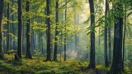 Obraz premium Lush green oak and beech forest landscape in spring with vibrant new leaves and soft morning mist creating an enchanting atmosphere.