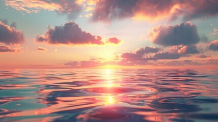 Fototapeta premium Serene sunset seascape with vibrant pink and orange hues reflecting on calm water, clouds scattered across a pastel sky creating tranquility.
