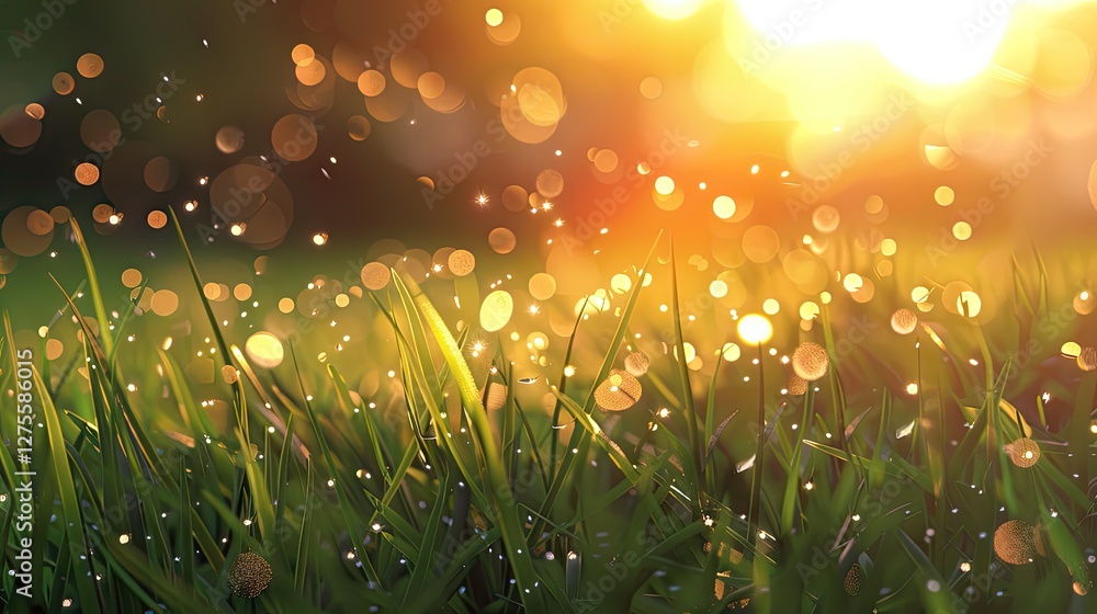 Fototapete golden sunlight illuminating dew-covered grass blades with sparkling bokeh effects creating a dreamy