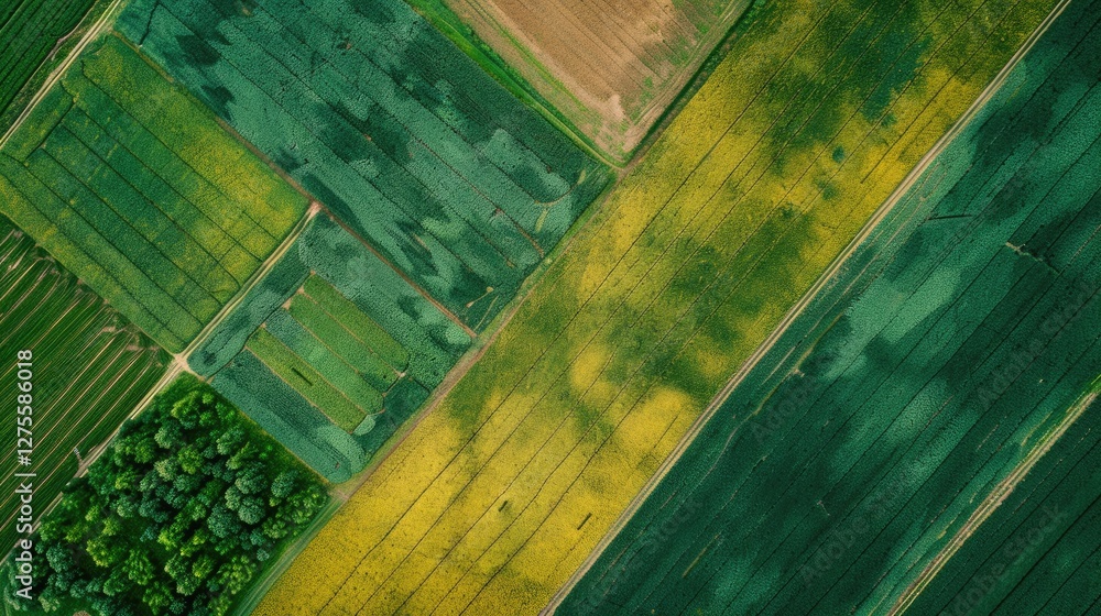 Poster Aerial view of geometric crop fields featuring vibrant greens and yellows with textured patterns and tree lines along the bottom edge.