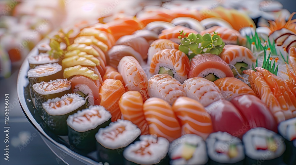 Poster colorful assortment of sushi including tuna salmon shrimp and avocado arranged on a black platter to