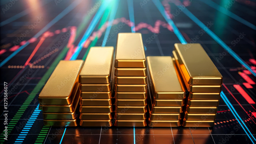 Poster gold investment with bullion and diversification concept. stacks of gold bars on a digital financial