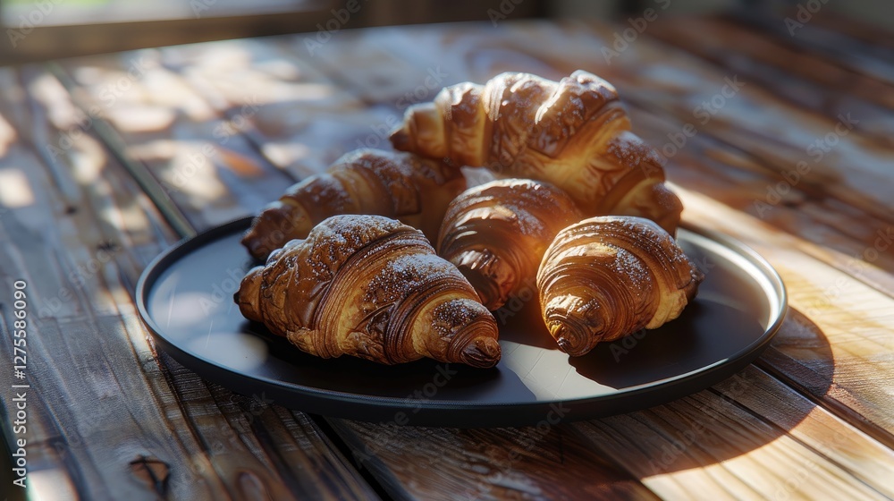Poster golden croissants arranged on a black round plate positioned center on a rustic wooden table with so