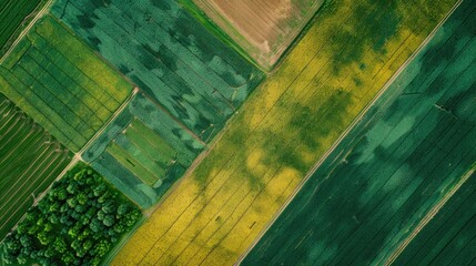 Aerial view of geometric crop fields featuring vibrant greens and yellows with textured patterns and tree lines along the bottom edge.