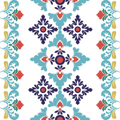 Blue, yellow, and red Talavera pattern. Indian patchwork. Azulejos portugal. Turkish ornament. Moroccan tile, folk print. Spanish pottery. Background. Mediterranean wallpaper.