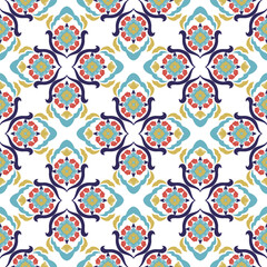 Talavera pattern. Indian patchwork. Azulejos portugal. Turkish ornament. Moroccan tile, ceramic tableware, folk print. Spanish pottery. Ethnic background. Mediterranean wallpaper.