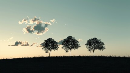 Obraz premium Serene landscape featuring three silhouetted trees against a pale blue sky with a single fluffy cloud, gentle hill in foreground, soft lighting.