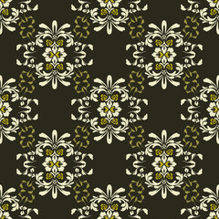 Yellow and white flower damask seamless pattern with decorative elements. Design for wallpaper, pattern fills, web page background, carpets, sarees, curtains, tiles, and pottery.