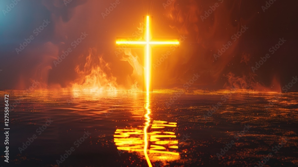 Aufkleber illuminated cross reflecting in water with glowing orange hue surrounded by dark mist and subtle fla