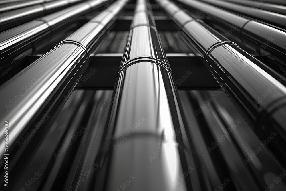 Poster abstract close-up of industrial metal pipes with connecting bands, creating a repetitive pattern in 