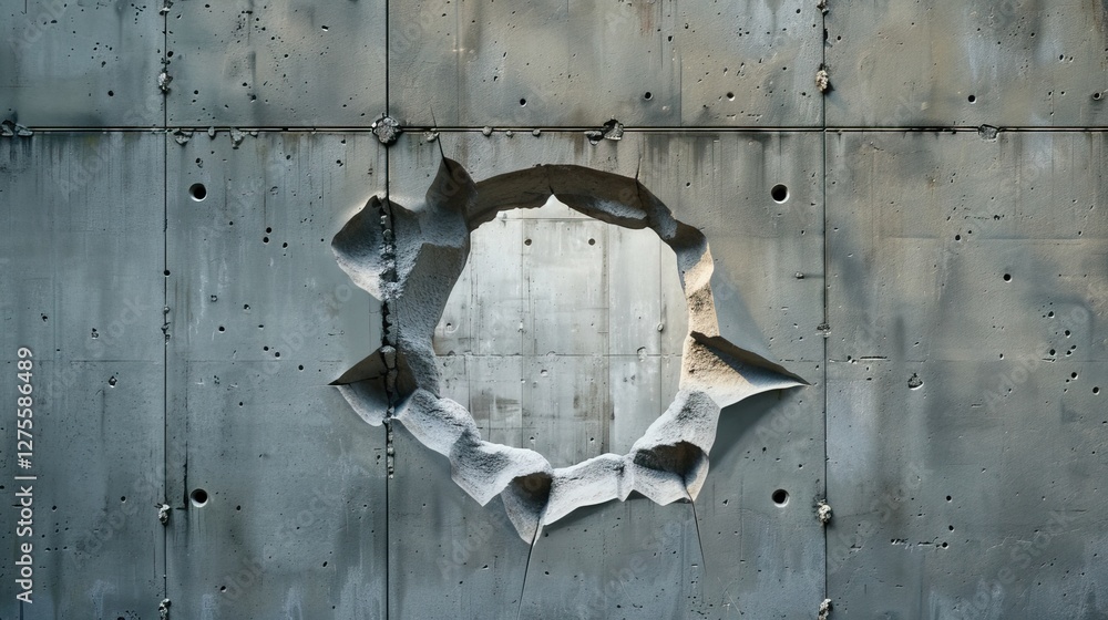Poster circular hole in gray concrete wall with jagged edges, revealing rough texture and shadows, creating