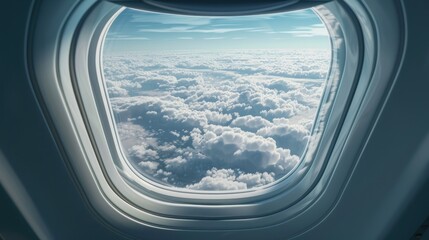 Naklejka premium Aerial view from airplane window featuring a high altitude landscape with puffy white clouds and a soft misty haze against a blue sky.