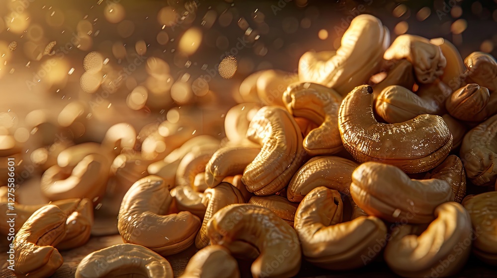 Poster pile of golden cashew nuts with glistening surfaces and soft sunlight highlights creating a warm, in