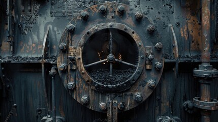 Detailed view of black soot accumulation in gas boiler combustion chamber featuring a large circular metal door and burnt textures in dark tones.