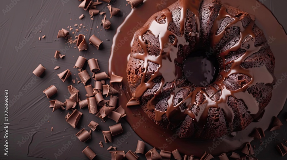 Poster decadent chocolate bundt cake with rich ganache glaze and chocolate shavings on dark textured surfac