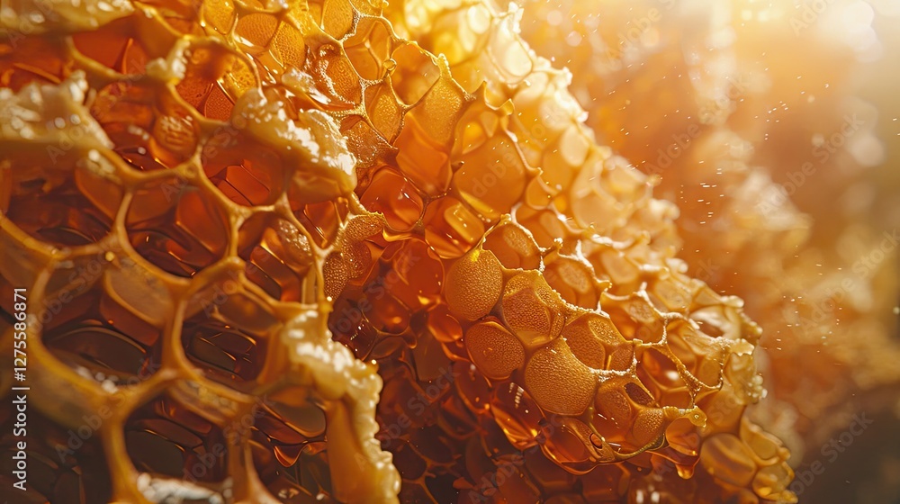 Aufkleber golden honeycomb with glistening beeswax drips in warm sunlight macro shot, showcasing intricate hex