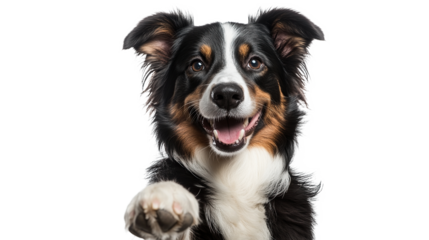Adorable smiling dog showing off his paw isolated on transparent background