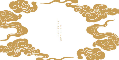 Japanese background with hand drawn line cloud pattern vector. Vintage template with geometric pattern border and frame design.