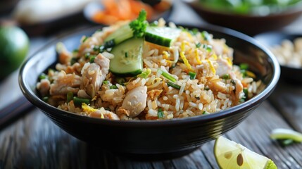 Delicious chicken fried rice served in a black bowl garnished with cucumber and lime against a blurred background of colorful vegetables.