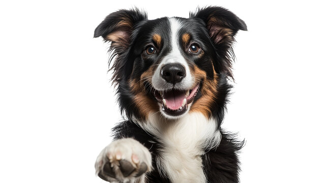 Adorable smiling dog showing off his paw isolated on transparent background