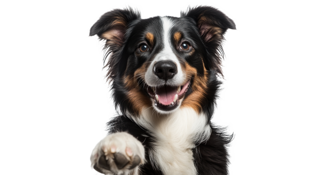 Adorable smiling dog showing off his paw isolated on transparent background