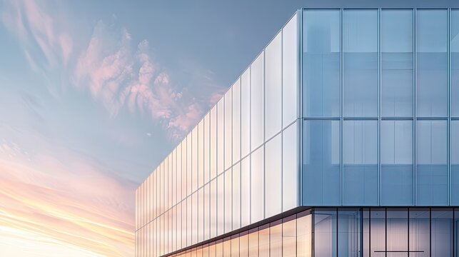 Twilight exterior of modern building featuring reflective glass panels and white aluminum cladding against a pastel sky with soft cloud formations.