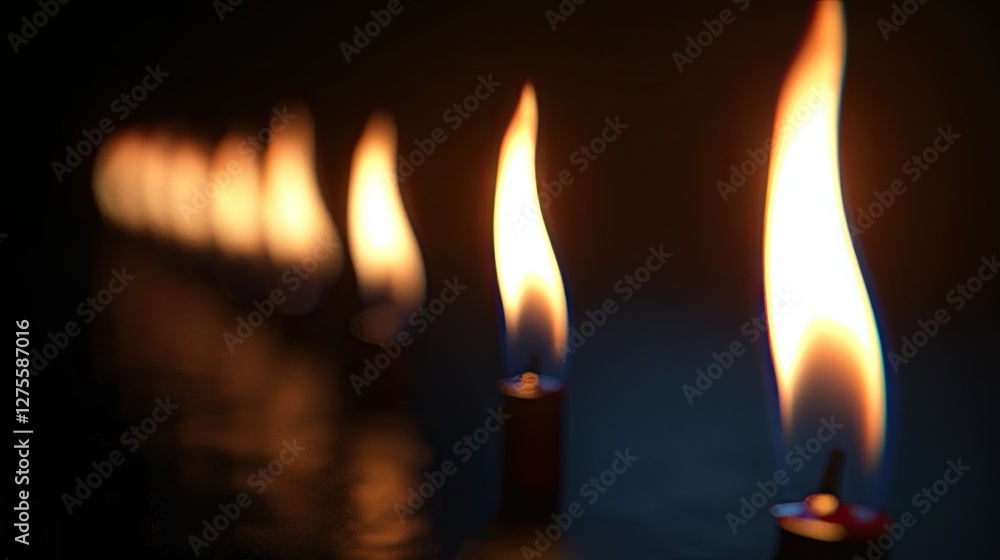 Poster Row of burning candles with the first candle in sharp focus while the others gradually blur into the background, featuring warm orange and soft blue tones.