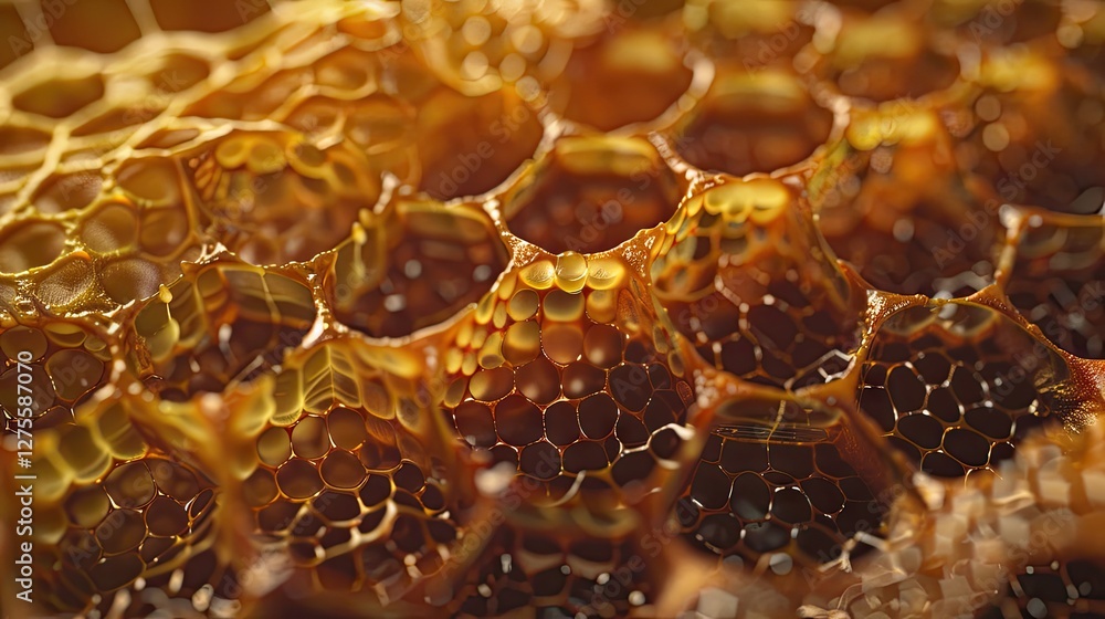 Aufkleber Close-up view of golden beeswax honeycomb cells with intricate hexagonal patterns illuminated by warm light showcasing organic textures and structure