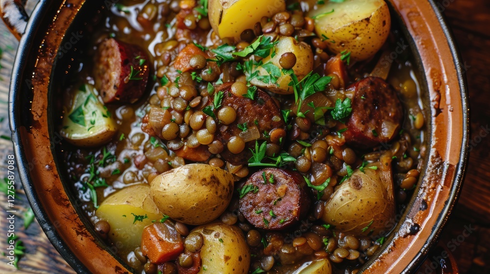 Poster savory stewed lentils with sliced sausage and diced potatoes garnished with fresh parsley in a rusti