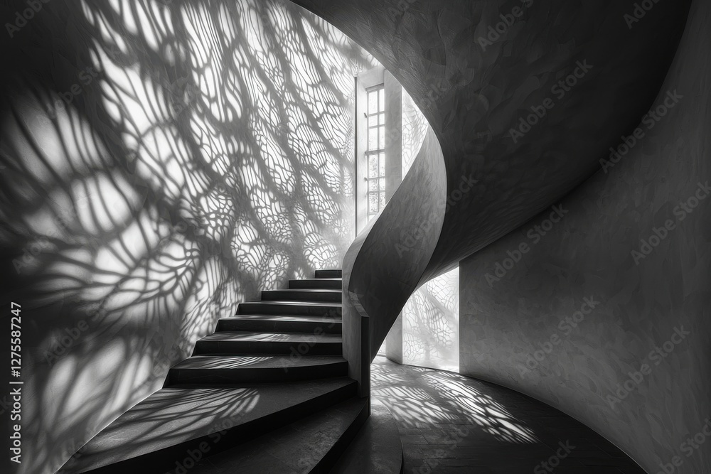Poster a dramatic monochrome image of a spiral staircase illuminated by patterned shadows, creating a capti
