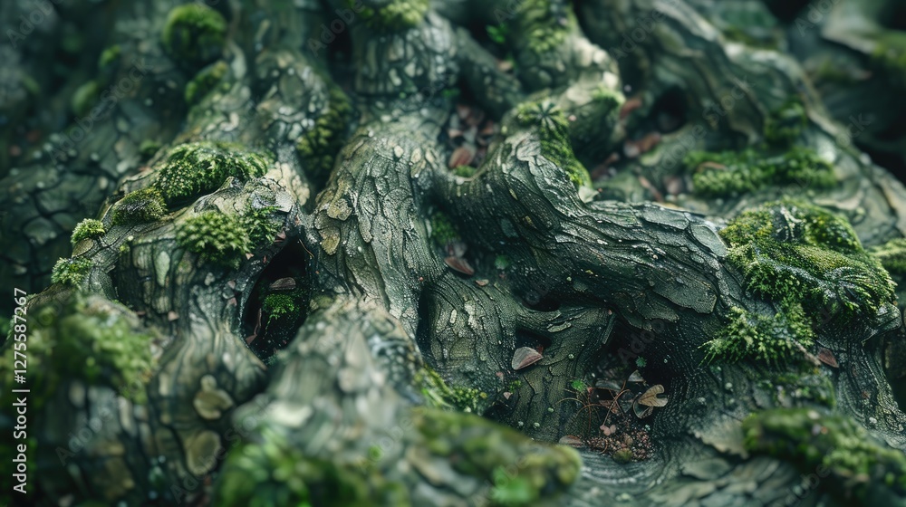 Aufkleber Moss-covered gnarled tree bark with intricate textures in green and brown tones, focusing on the organic patterns and surface details.