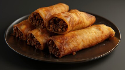 Savory fried pancakes filled with spiced meat mixture arranged in a neat pile on a dark plate against a plain background, golden brown color
