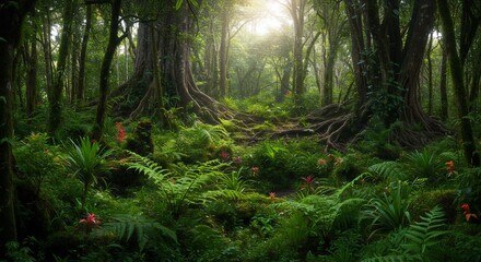Lush Tropical Rainforest with Ferns and Giant Trees at Sunrise