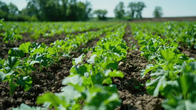Vibrant green fodder beet plants in neat rows on rich brown soil under a clear blue sky in a summer agricultural field setting.