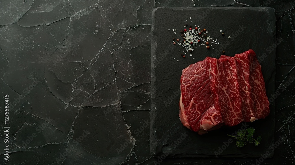 Poster raw dry-aged wagyu roast beef steak displayed on a textured black slate board with scattered pepperc