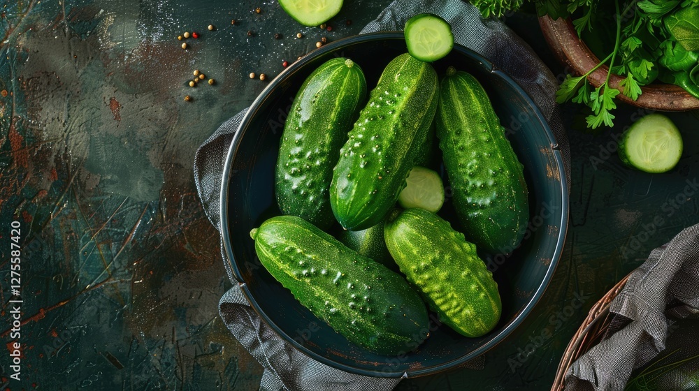 Aufkleber fresh green cucumbers arranged in a dark bowl on a textured surface with herbs and spices scattered 