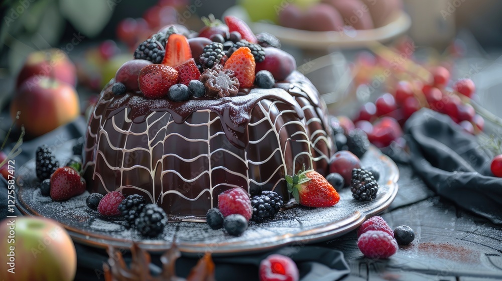 Poster chocolate spider web cake adorned with strawberries, blueberries, and blackberries, placed on a rust