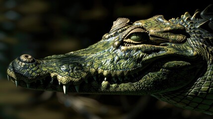 Fototapeta premium Gharial crocodile with intricate green scales and prominent long snout highlighted in dramatic shadows against a dark background.