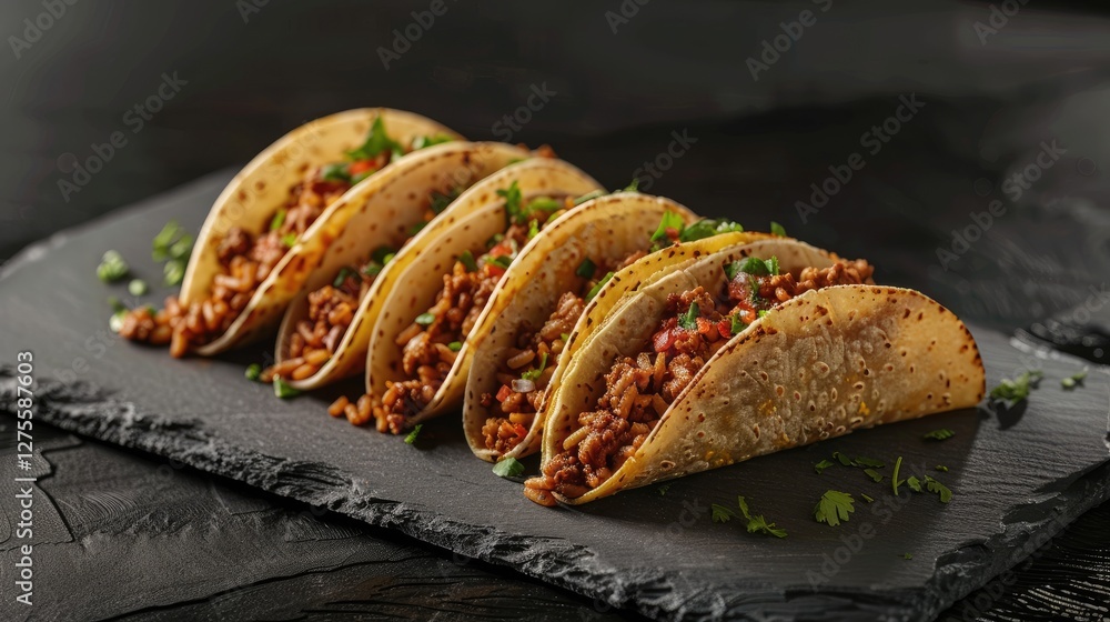 Poster mexican tacos filled with seasoned meat and rice arranged neatly in five rows on a dark slate plate 