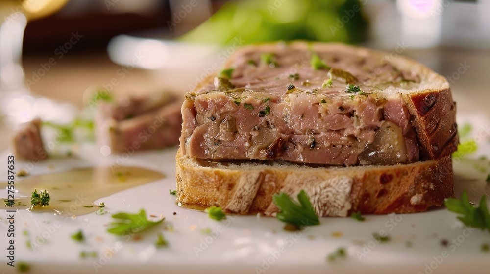 Poster closeup of a rustic bread slice topped with duck terrine garnished with herbs on a white table surfa