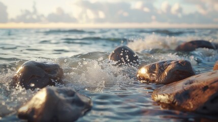 Stones in shallow Baltic Sea water with golden reflections and blurred waves under a soft pastel sky at sunrise.