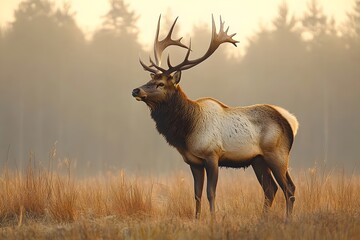Majestic Elk in Foggy Meadow at Sunrise - Wildlife Photography for Nature Posters and Decor