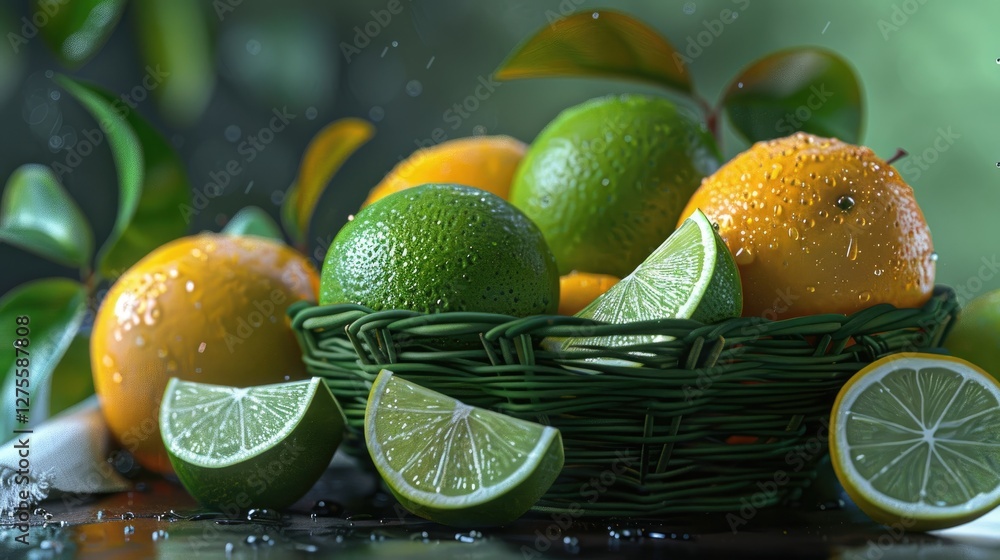 Poster fresh limes and oranges with water droplets arranged in a green basket on a dark surface surrounded 