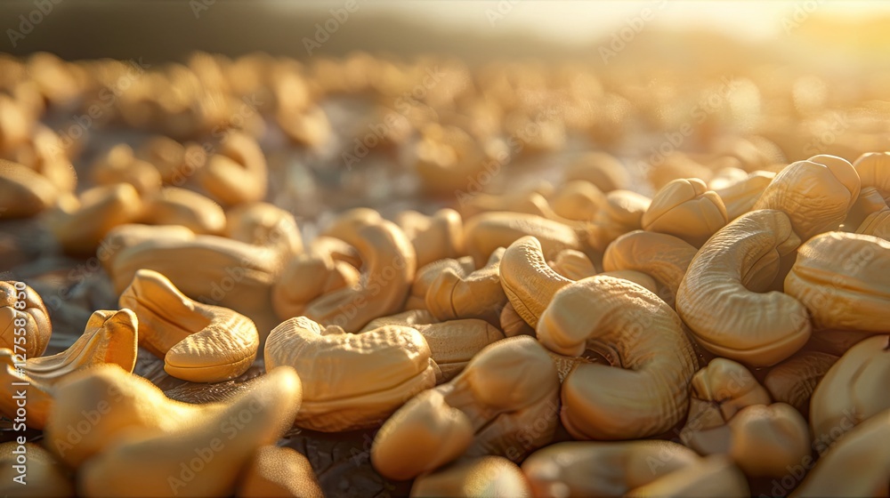 Poster golden cashew nuts scattered on a textured surface with warm sunlight illuminating the scene, creati