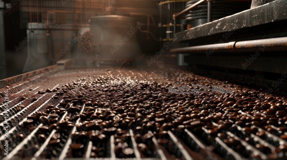 Poster aromatic roasted coffee beans spread across large cooling tray with dark brown tones and soft steam 